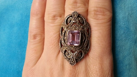 Sterling silver marcasite amethyst ring, statemen… - image 2