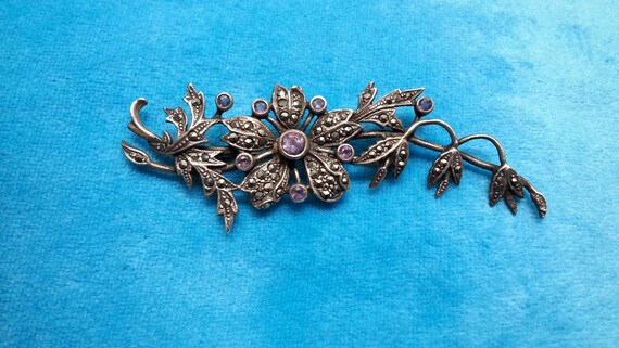 Sterling silver brooch, marcasites and amethysts,… - image 3