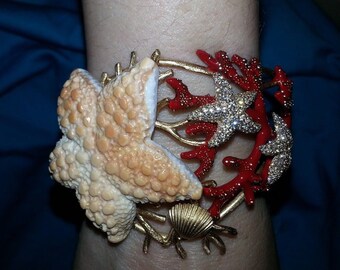 Maui Divers statement cuff bracelet sterling silver, 18 k gold overlay, enamel, starfish, stylish, retired design, collectible