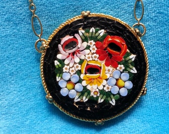 Wonderful glass micromosaic necklace, vintage centerpiece converted in new necklace, black with forget-me-not and roses, vivid colors