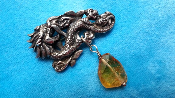 Antique Chinese silver dragon brooch with amber d… - image 2