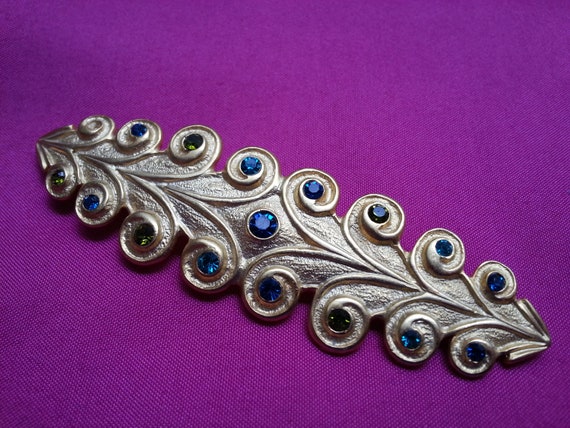 Elegant vintage bar brooch, gold tone with sparkl… - image 1