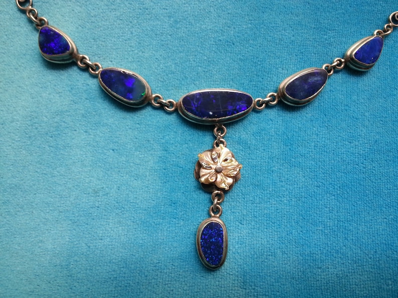 Fabulous sterling silver opal vintage necklace Australian dark blue opal doublets grey mother of pearl flower lavalier dangle style