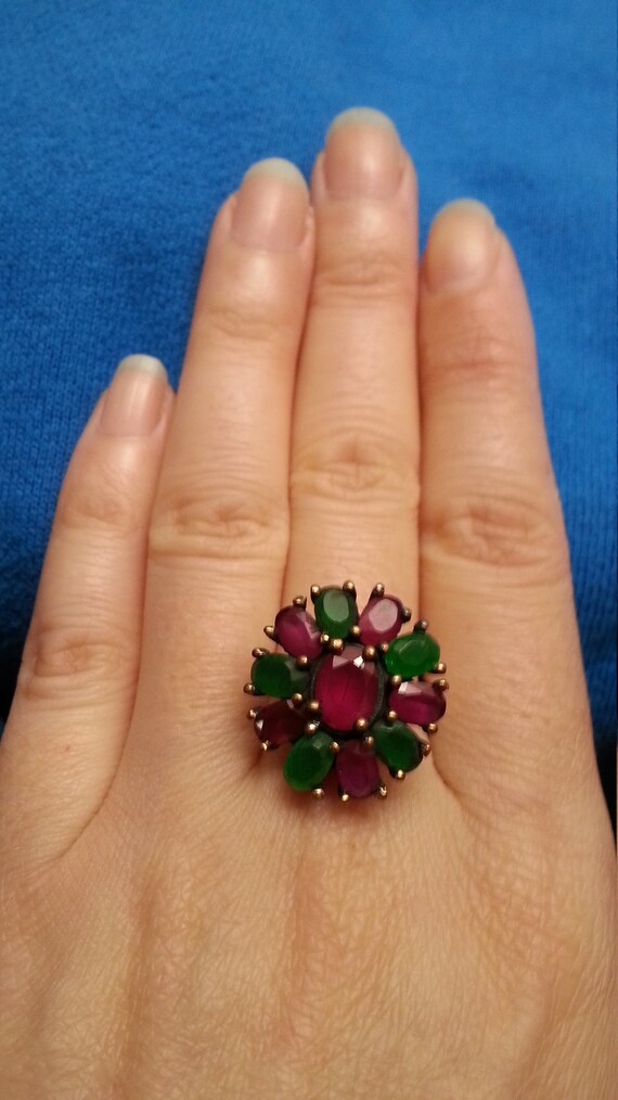 Impressive sterling ruby emerald flower ring, sil… - image 3