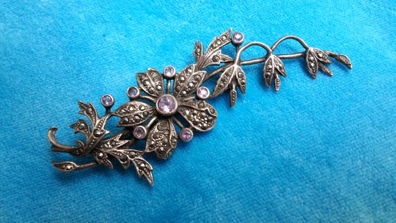 Sterling silver brooch, marcasites and amethysts,… - image 1