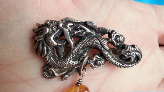 Antique Chinese silver dragon brooch with amber d… - image 9