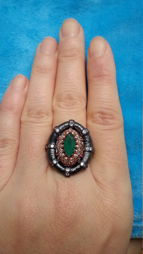 Bague originale, sterling et bronze, topaze rose, cristaux de type