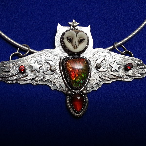 Magical sterling silver owl necklace, Laura Mears porcelain, ammolite, garnets, quartz, crescent moon, stars, sterling collar, mystery