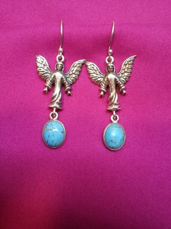 Charming sterling silver turquoise angel dangle earrings, protective power, elegant and graceful, large wings, powerful design