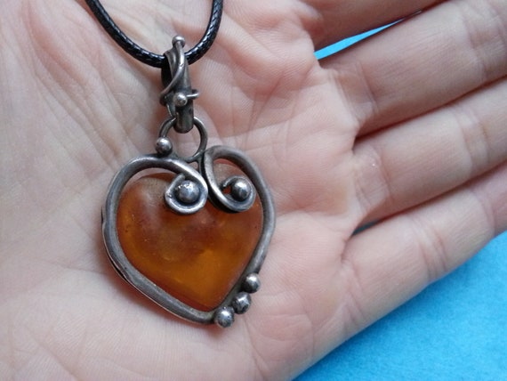 Vintage sterling silver amber heart pendant, natu… - image 2