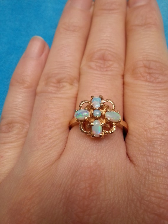 Striking 10k gold opal vintage ring, flower or cr… - image 6