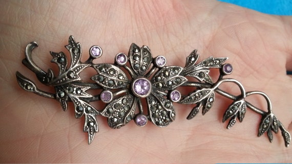 Sterling silver brooch, marcasites and amethysts,… - image 9
