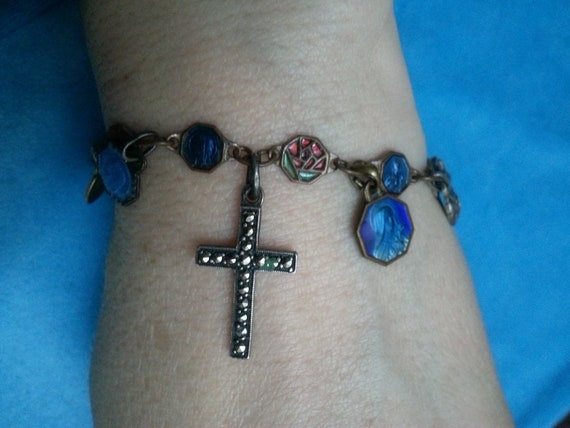 Lovely enamel vintage Catholic charm bracelet, tu… - image 7