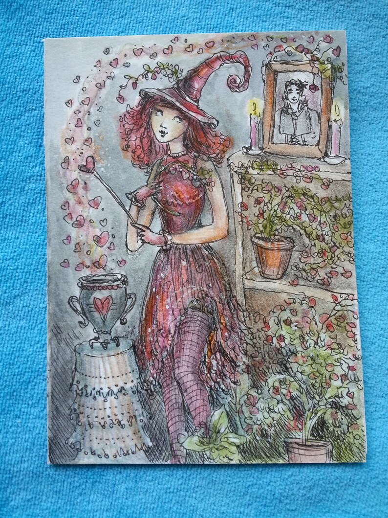 Halloween charm one-of-a-kind hearts Paulina Cassidy vampire love Original ACEO miniature watercolor witch love spell hand-painted