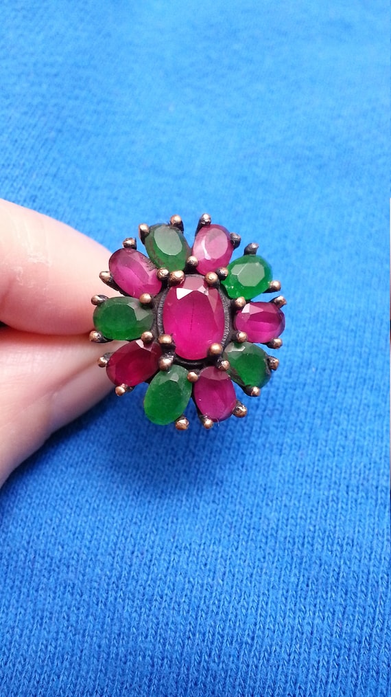 Impressive sterling ruby emerald flower ring, silv