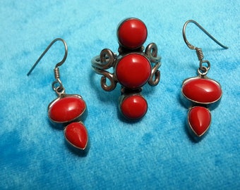 Lovely* sterling silver red coral set: dangle earrings and matching ring US size 6.5 adjustable, lovely design, vivid red color