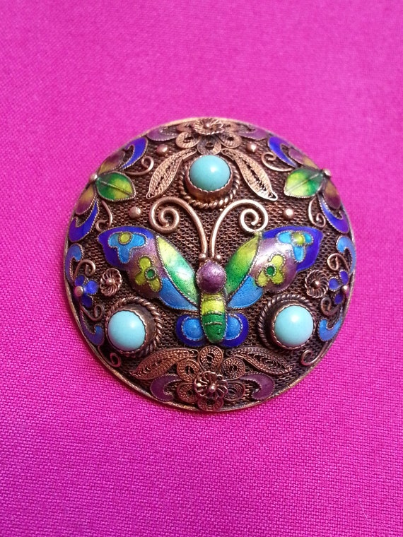 Wonderful Chinese export brooch, silver, turquoise