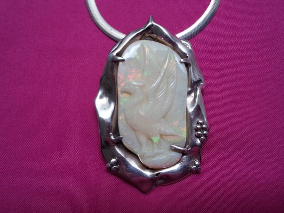 Unique sterling silver opal vintage signed pendan… - image 1