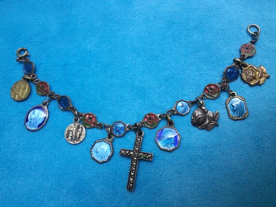 Lovely enamel vintage Catholic charm bracelet, tu… - image 3