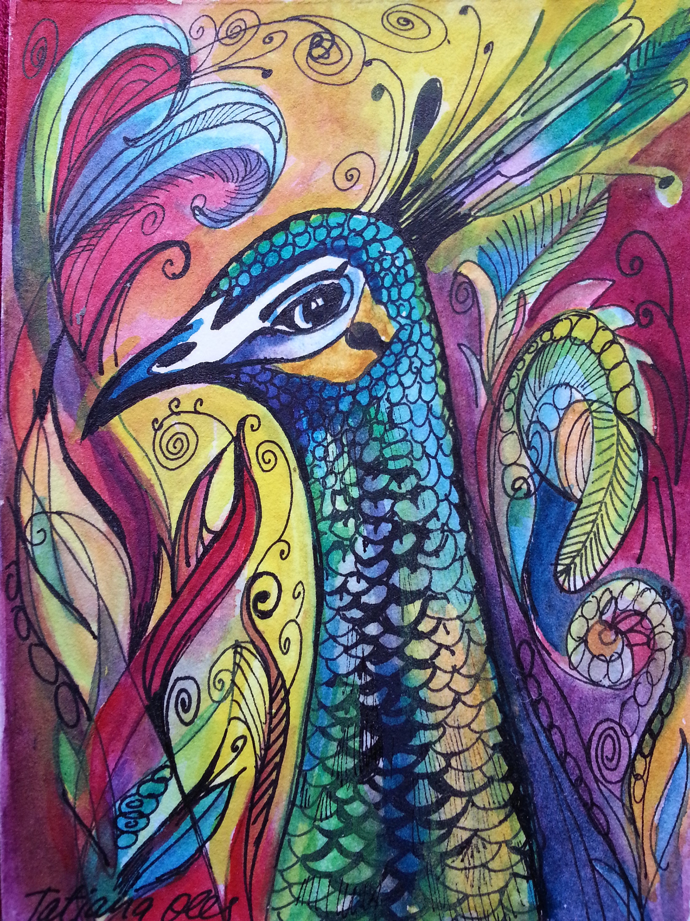 Original ACEO, one-of-a-kind hand-painted miniature watercolor, Tatiana Oles, majestic colorful peacock, charming beauty