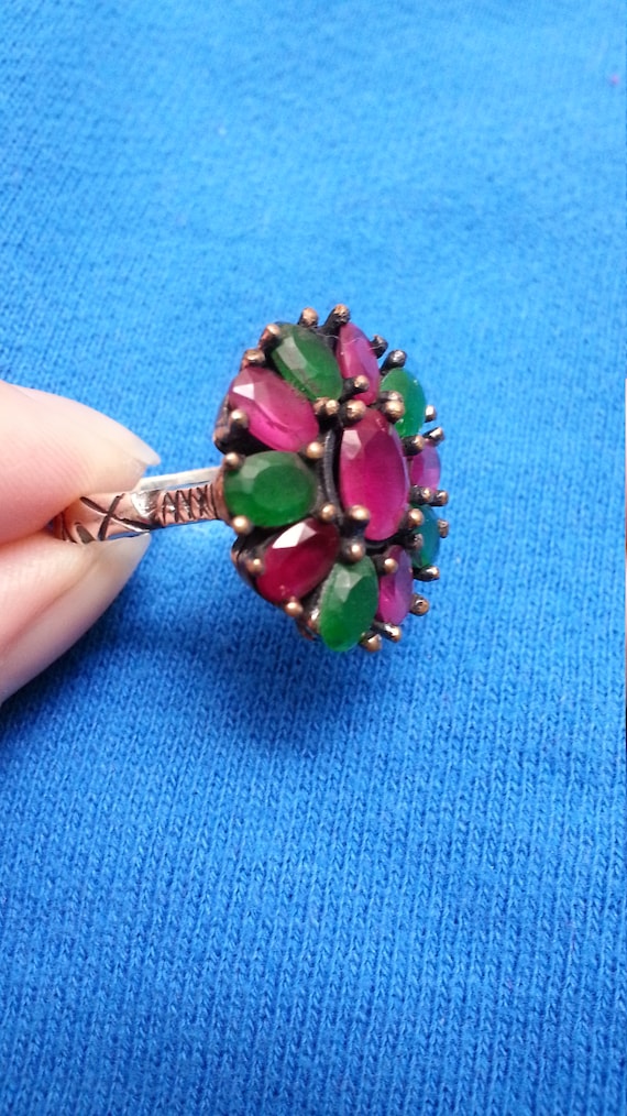 Impressive sterling ruby emerald flower ring, sil… - image 5