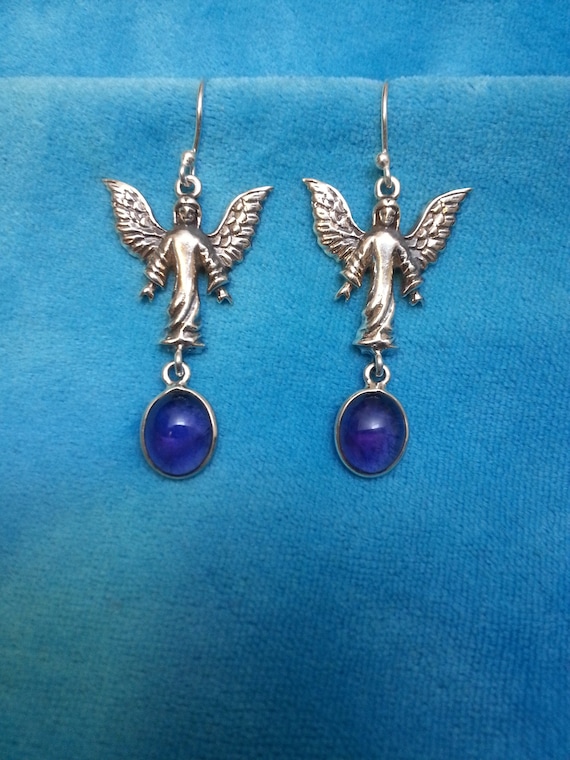 Charming sterling silver amethyst angel dangle earrings, protective power, elegant and graceful, large wings, powerful design
