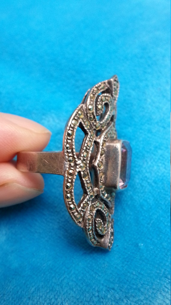 Sterling silver marcasite amethyst ring, statemen… - image 7