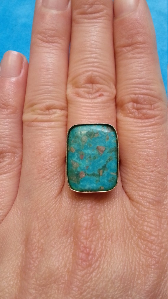 Lovely chrysocolla gold-platted adjustable ring, … - image 5