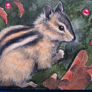 Original ACEO, one-of-a-kind, hand-painted, miniature, chipmunk autumn leaves berries, Melody Lea Lamb, watercolor, colored pencil, charming