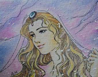 Original ACEO, one-of-a-kind hand-painted miniature, colored pencil, Allie Huang, fairy witch elf snow princess, Medieval magic, anime manga