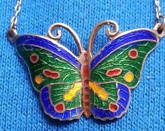 Sale, sterling silver vintage Art Nouveau-style enamel butterfly necklace blue green red yellow colors, beautiful