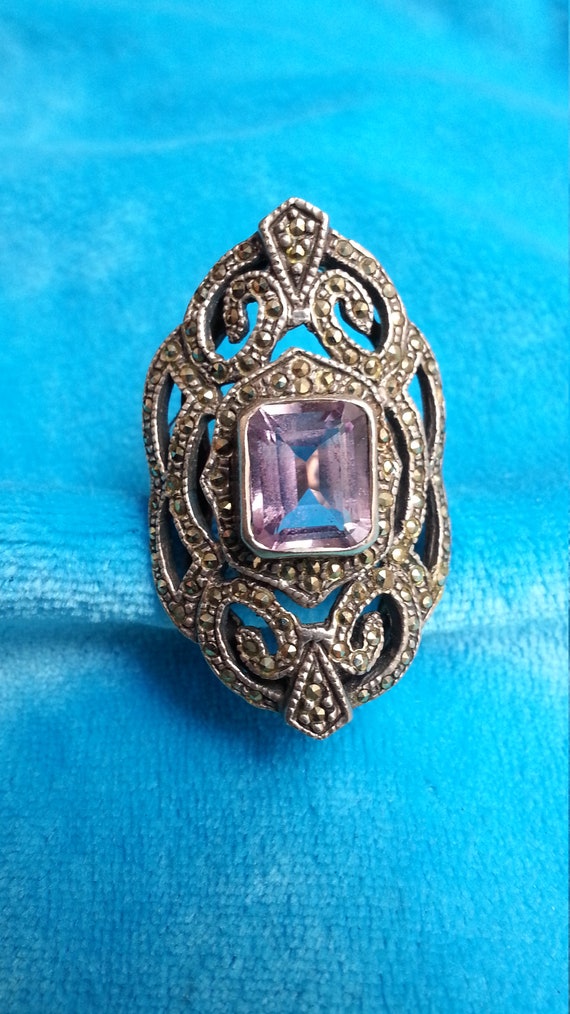 Sterling silver marcasite amethyst ring, statemen… - image 5