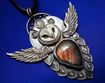 Powerful sterling silver owl necklace, porcelain face, fiery labradorite, crown, mystery, one of a kind, Jeannine Frazier creation