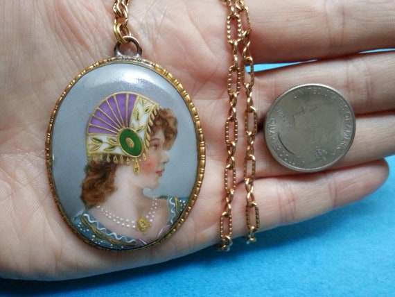 Beautiful Edwardian porcelain pendant, transfer a… - image 5