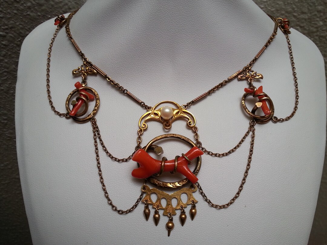 Rare Antique Victorian Gold-plated Festoon Coral Necklace, Undyed Red ...