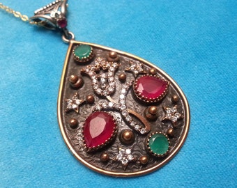 Stunning Ottoman pendant, sterling and bronze,rubies, emerald-like crystals, Victorian style, intricate tulip flower, sparkling rare piece