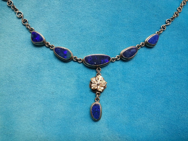 Fabulous sterling silver opal vintage necklace Australian dark blue opal doublets grey mother of pearl flower lavalier dangle style