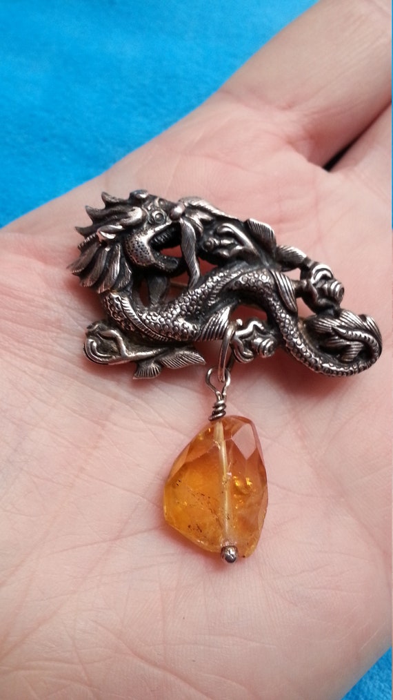 Antique Chinese silver dragon brooch with amber d… - image 4