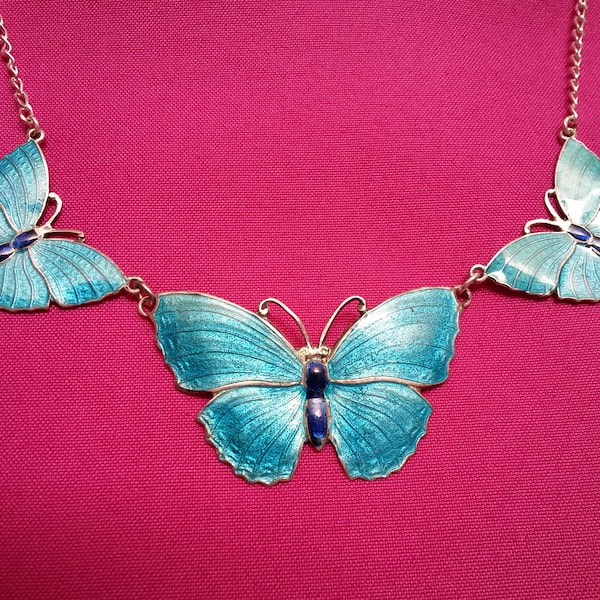 Elegant sterling silver Art Nouveau/Arts and Crafts new enamel butterfly necklace, blue-green vivid colors, graceful romantic necklace