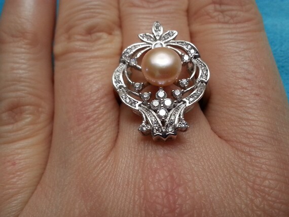 Beautiful sterling silver pearl flower ring, crow… - image 6