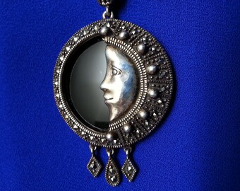 Elegante sterling zilveren marcasiet onyx hanger, wassende maan of godin gezicht, bungelt, uitstekende staat, bijpassende sterling ketting
