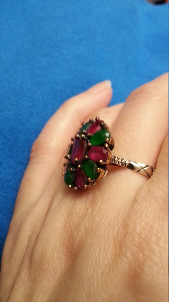 Impressive sterling ruby emerald flower ring, sil… - image 6
