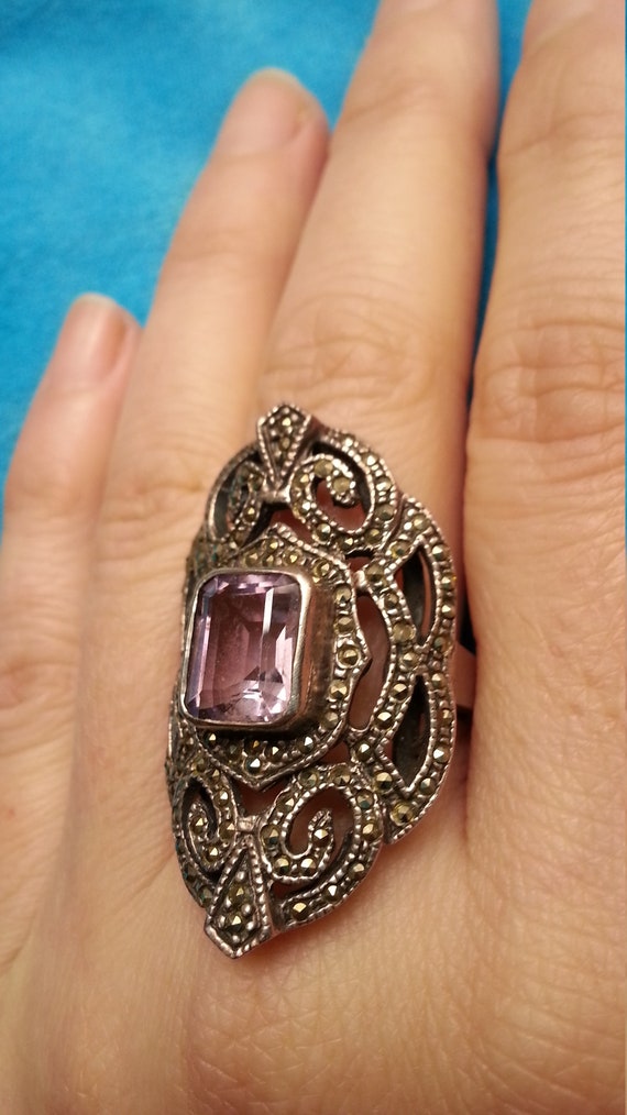 Sterling silver marcasite amethyst ring, statemen… - image 3