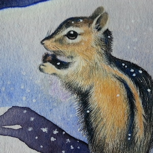 Original ACEO, one-of-a-kind, hand-painted, miniature, chipmunk in the snow, Melody Lea Lamb, watercolor, colored pencil, charming