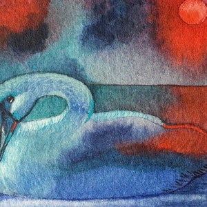 ACEO originale, pezzo unico, dipinto a mano, miniatura del tramonto del cigno bianco, Ellen Morrow, acquerello, stile Arts and Crafts