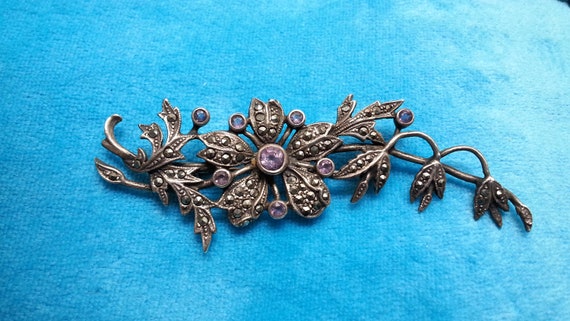 Sterling silver brooch, marcasites and amethysts,… - image 5