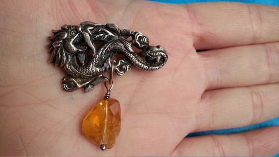 Antique Chinese silver dragon brooch with amber d… - image 6