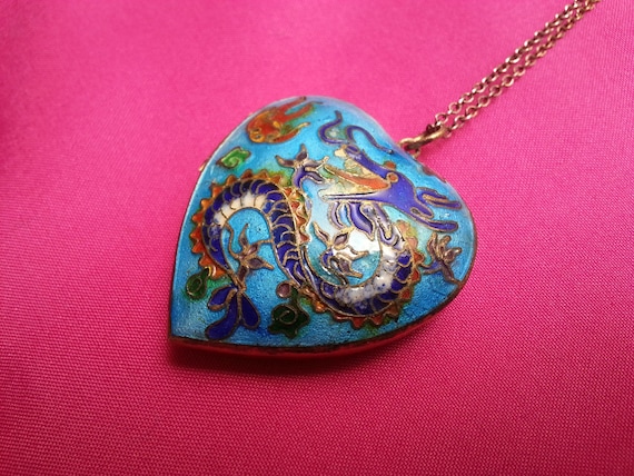 Auspicious silver Chinese enamel puffy heart lock… - image 1