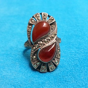 Classy Art Deco style sterling silver ring with marcasites and two carnelians, intricate elegant design, sophisticated statement, size 6 US