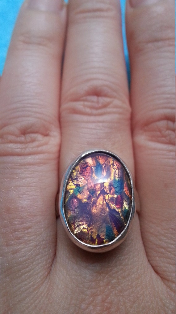 Bold sterling silver ring, iridescent dragon's br… - image 2